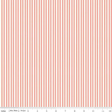 Image of the Melody Stripes Salmon quilting cotton fabric by Beverly McCullough for Riley Blake Designs. Features multicolored stripes on a light pink background. 
Cute Little Fabric Shop