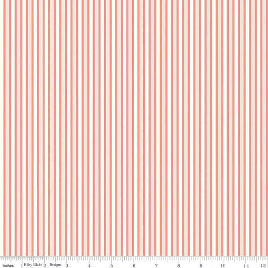 Image of the Melody Stripes Salmon quilting cotton fabric by Beverly McCullough for Riley Blake Designs. Features multicolored stripes on a light pink background. 
Cute Little Fabric Shop