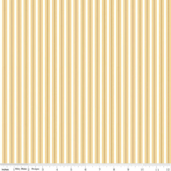 Image of the Melody Stripes Beehive quilting cotton fabric by Beverly McCullough for Riley Blake Designs. Features multicolored stripes on a light yellow background. 
Cute Little Fabric Shop