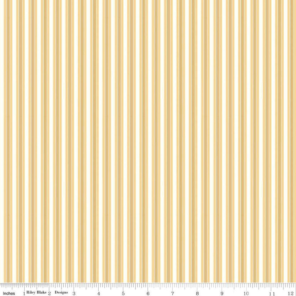 Image of the Melody Stripes Beehive quilting cotton fabric by Beverly McCullough for Riley Blake Designs. Features multicolored stripes on a light yellow background. 
Cute Little Fabric Shop