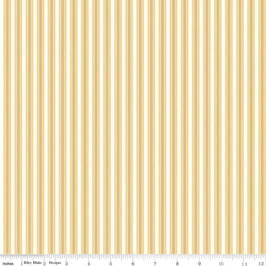 Image of the Melody Stripes Beehive quilting cotton fabric by Beverly McCullough for Riley Blake Designs. Features multicolored stripes on a light yellow background. 
Cute Little Fabric Shop