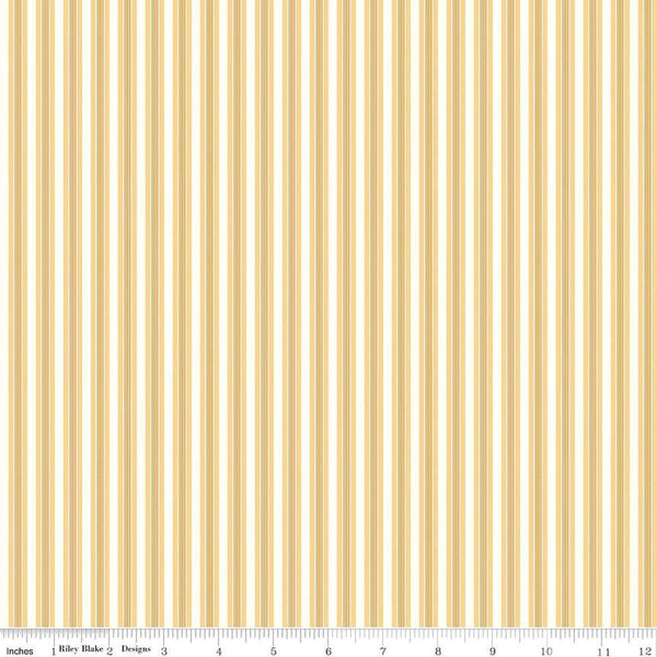 Image of the Melody Stripes Beehive quilting cotton fabric by Beverly McCullough for Riley Blake Designs. Features multicolored stripes on a light yellow background. 
Cute Little Fabric Shop