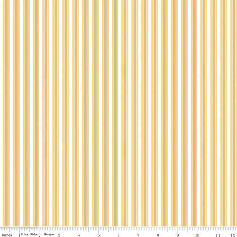 Image of the Melody Stripes Beehive quilting cotton fabric by Beverly McCullough for Riley Blake Designs. Features multicolored stripes on a light yellow background. 
Cute Little Fabric Shop