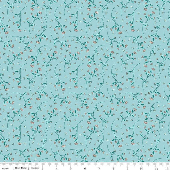 Image of the Melody Vines Aqua quilting cotton fabric by Beverly McCullough for Riley Blake Designs. Features flowers on vines on a light blue background. 
Cute Little Fabric Shop