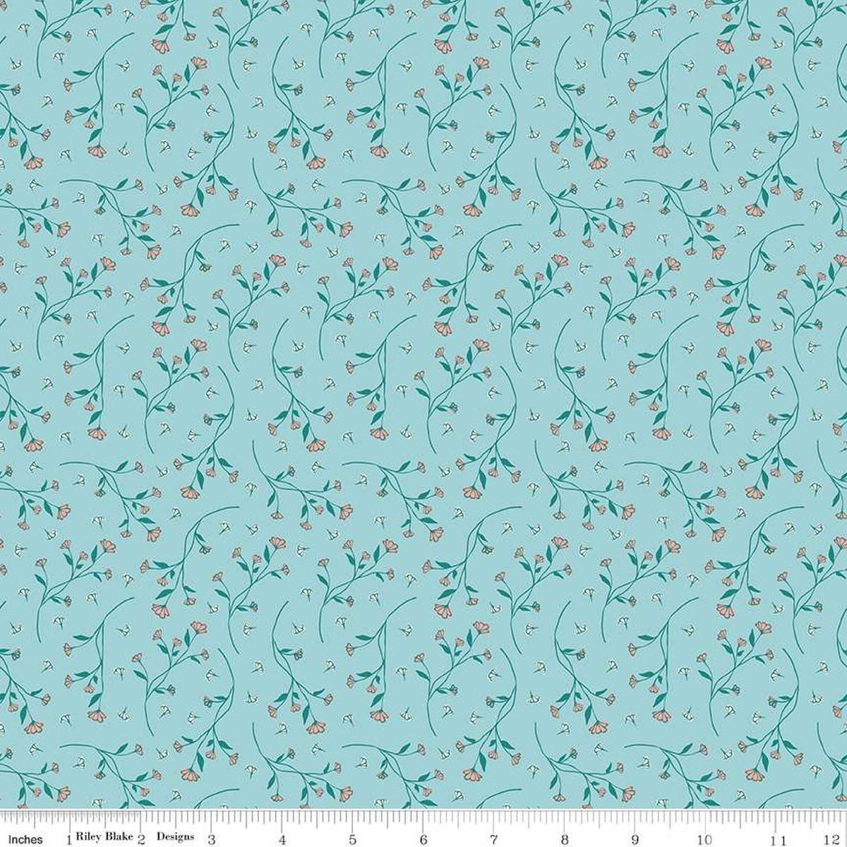 Image of the Melody Vines Aqua quilting cotton fabric by Beverly McCullough for Riley Blake Designs. Features flowers on vines on a light blue background. 
Cute Little Fabric Shop