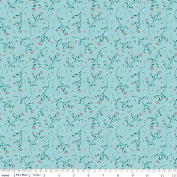 Image of the Melody Vines Aqua quilting cotton fabric by Beverly McCullough for Riley Blake Designs. Features flowers on vines on a light blue background. 
Cute Little Fabric Shop