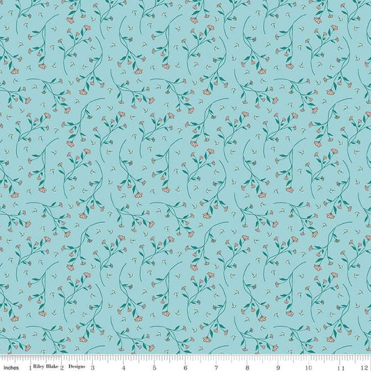 Image of the Melody Vines Aqua quilting cotton fabric by Beverly McCullough for Riley Blake Designs. Features flowers on vines on a light blue background. 
Cute Little Fabric Shop