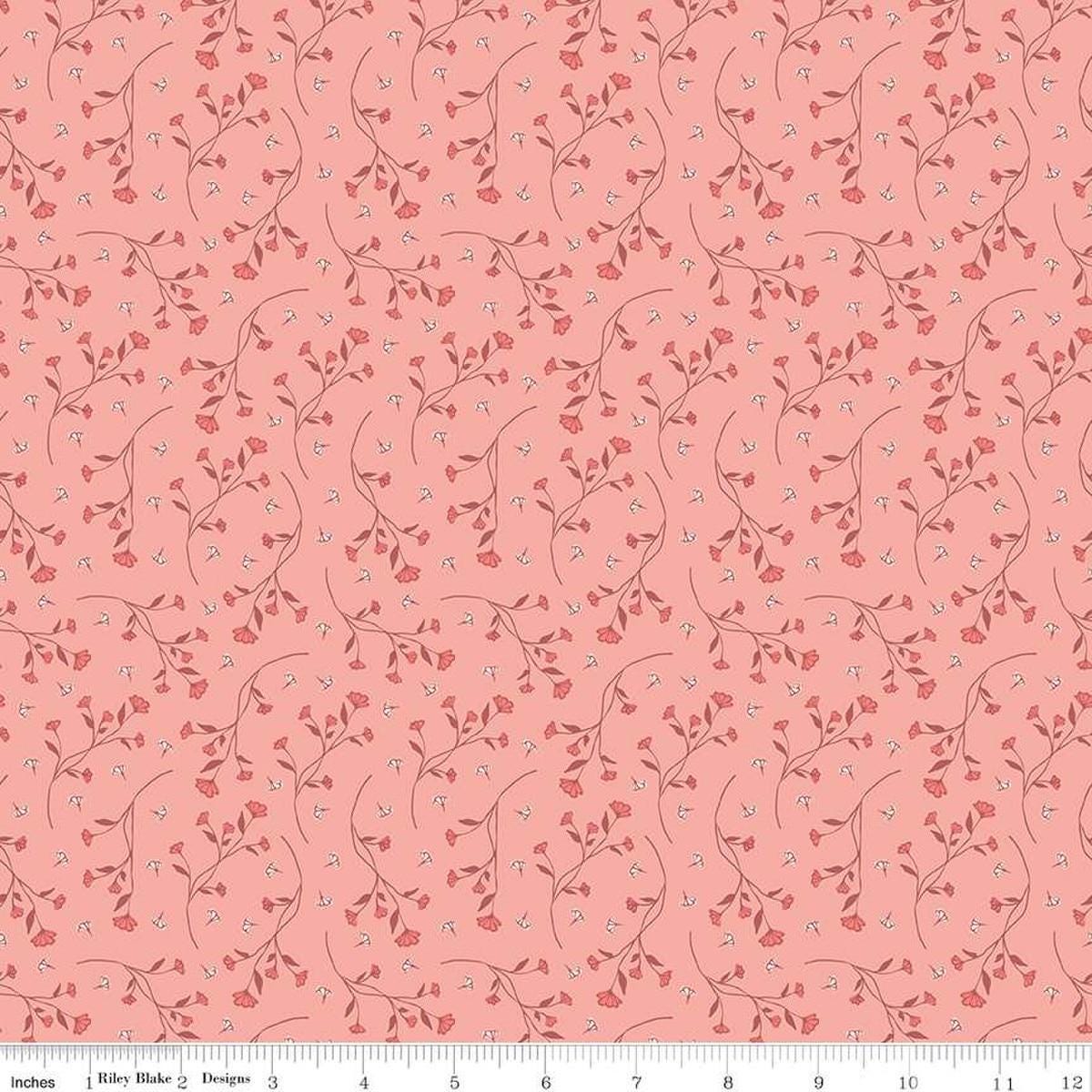 Image of the Melody Vines Apricot quilting cotton fabric by Beverly McCullough for Riley Blake Designs. Features flowers on vines on a light pink background. 
Cute Little Fabric Shop