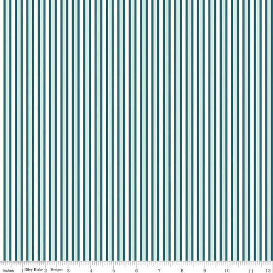 Image of the Melody Stripes Oxford Blue quilting cotton fabric by Beverly McCullough for Riley Blake Designs. Features multicolored stripes on a dark blue background. 
Cute Little Fabric Shop