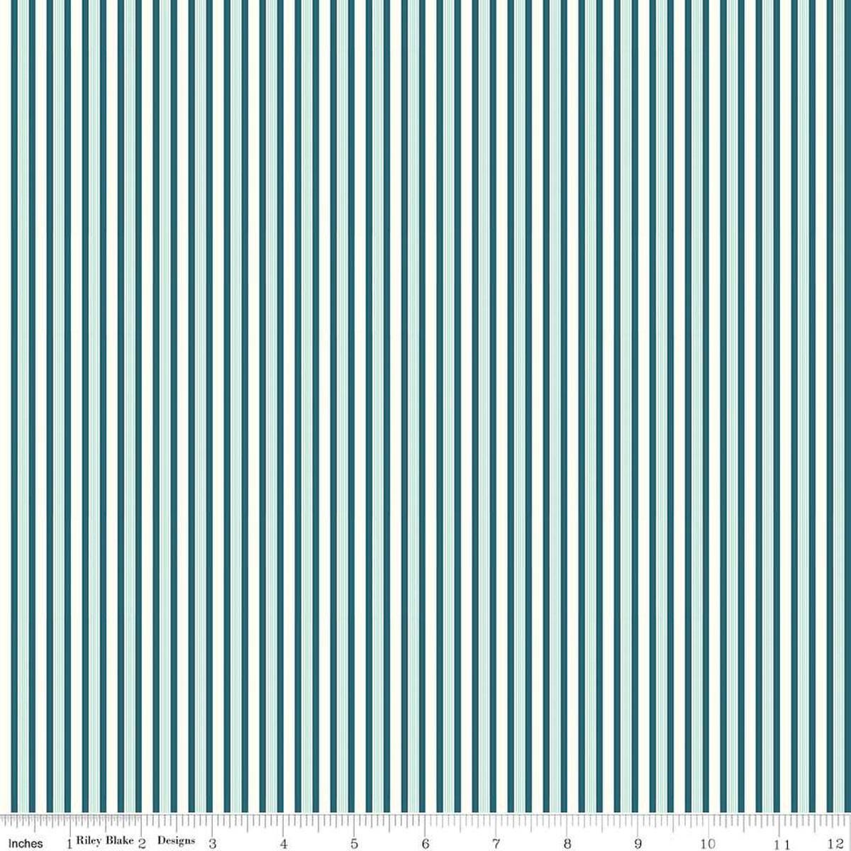 Image of the Melody Stripes Oxford Blue quilting cotton fabric by Beverly McCullough for Riley Blake Designs. Features multicolored stripes on a dark blue background. 
Cute Little Fabric Shop