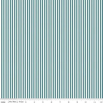 Image of the Melody Stripes Oxford Blue quilting cotton fabric by Beverly McCullough for Riley Blake Designs. Features multicolored stripes on a dark blue background. 
Cute Little Fabric Shop