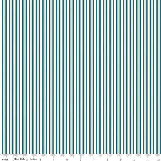 Image of the Melody Stripes Oxford Blue quilting cotton fabric by Beverly McCullough for Riley Blake Designs. Features multicolored stripes on a dark blue background. 
Cute Little Fabric Shop