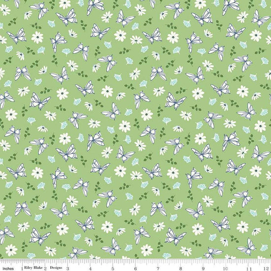 Image of the Melody Flutter Flora Grass quilting cotton fabric by Beverly McCullough for Riley Blake Designs. Features butterflies, flowers, and leaves on a light green background. 
Cute Little Fabric Shop