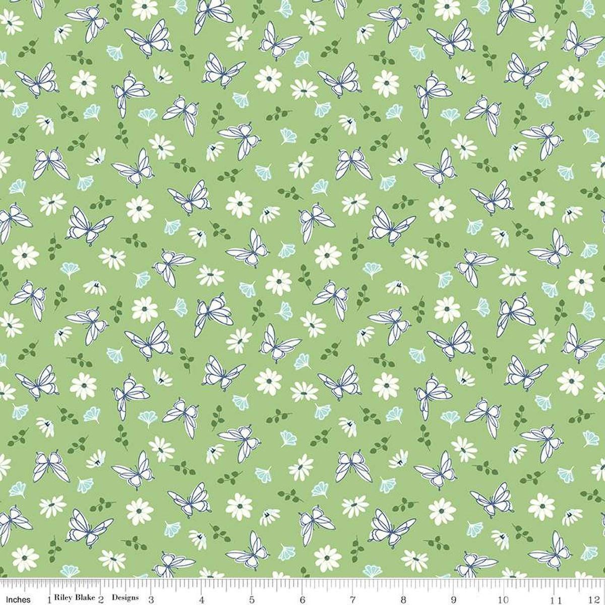 Image of the Melody Flutter Flora Grass quilting cotton fabric by Beverly McCullough for Riley Blake Designs. Features butterflies, flowers, and leaves on a light green background. 
Cute Little Fabric Shop