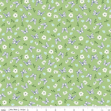 Image of the Melody Flutter Flora Grass quilting cotton fabric by Beverly McCullough for Riley Blake Designs. Features butterflies, flowers, and leaves on a light green background. 
Cute Little Fabric Shop