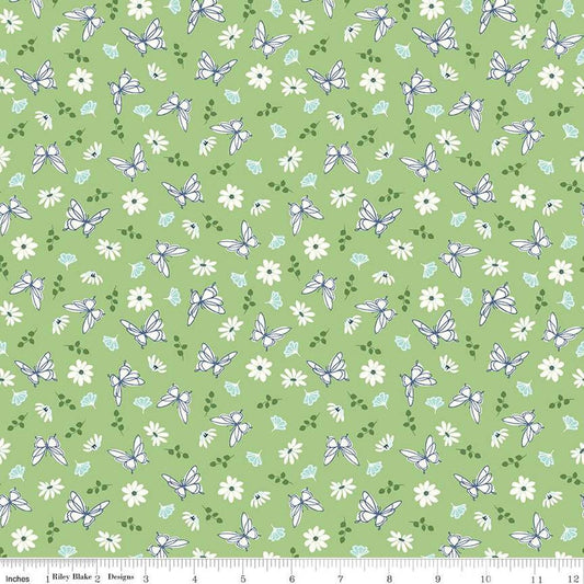 Image of the Melody Flutter Flora Grass quilting cotton fabric by Beverly McCullough for Riley Blake Designs. Features butterflies, flowers, and leaves on a light green background. 
Cute Little Fabric Shop