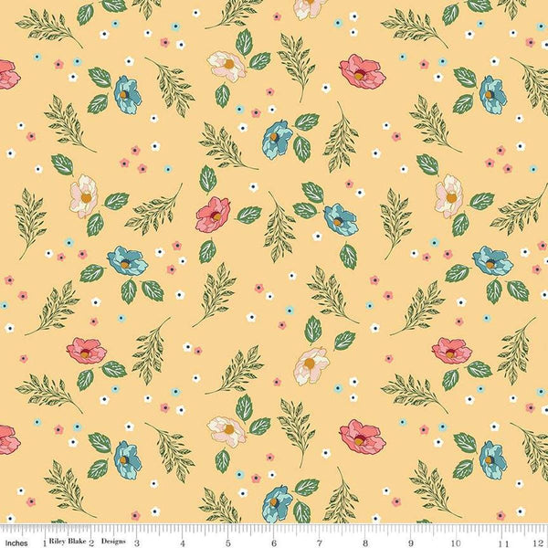 Image of the Melody Flower Fields Beehive quilting cotton fabric by Beverly McCullough for Riley Blake Designs. Features blossoms, flowers, and leaves on a light yellow background. 
Cute Little Fabric Shop