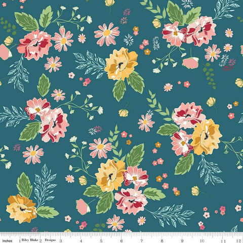 Image of the Melody Main Oxford Blue quilting cotton fabric by Beverly McCullough for Riley Blake Designs. Features flowers on vines on a dark blue background. 
Cute Little Fabric Shop
