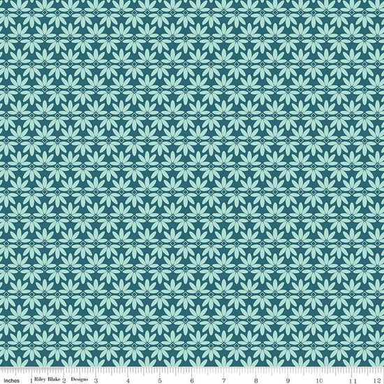 Image of the Melody Deco Leaves Colonial Blue quilting cotton fabric by Beverly McCullough for Riley Blake Designs. Features geometric green flowers on a dark blue background. 
Cute Little Fabric Shop