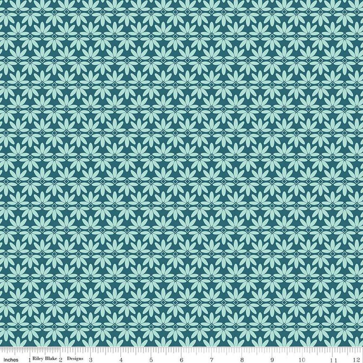 Image of the Melody Deco Leaves Colonial Blue quilting cotton fabric by Beverly McCullough for Riley Blake Designs. Features geometric green flowers on a dark blue background. 
Cute Little Fabric Shop