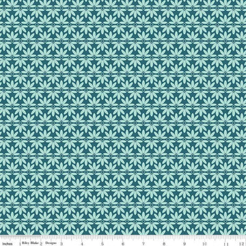 Image of the Melody Deco Leaves Colonial Blue quilting cotton fabric by Beverly McCullough for Riley Blake Designs. Features geometric green flowers on a dark blue background. 
Cute Little Fabric Shop