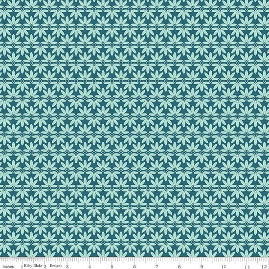 Image of the Melody Deco Leaves Colonial Blue quilting cotton fabric by Beverly McCullough for Riley Blake Designs. Features geometric green flowers on a dark blue background. 
Cute Little Fabric Shop