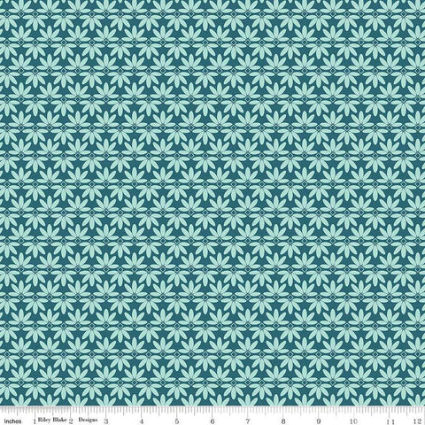 Image of the Melody Deco Leaves Colonial Blue quilting cotton fabric by Beverly McCullough for Riley Blake Designs. Features geometric green flowers on a dark blue background. 
Cute Little Fabric Shop