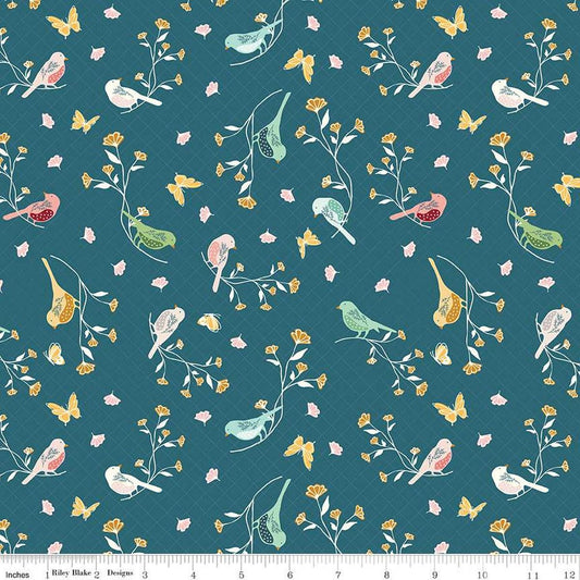 Image of the Melody Floral Birds Colonial Blue quilting cotton fabric by Beverly McCullough for Riley Blake Designs. Features blossoms, flowers, birds, and leaves on a dark turquoise blue background. 
Cute Little Fabric Shop