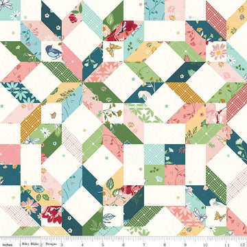 Image of the Melody Carpenter Star Cheater Print Multi quilting cotton fabric by Beverly McCullough for Riley Blake Designs. Features a carpenter star quilt design with blue, green, pink, yellow, and white. 
Cute Little Fabric Shop