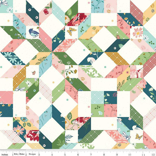 Image of the Melody Carpenter Star Cheater Print Multi quilting cotton fabric by Beverly McCullough for Riley Blake Designs. Features a carpenter star quilt design with blue, green, pink, yellow, and white. 
Cute Little Fabric Shop