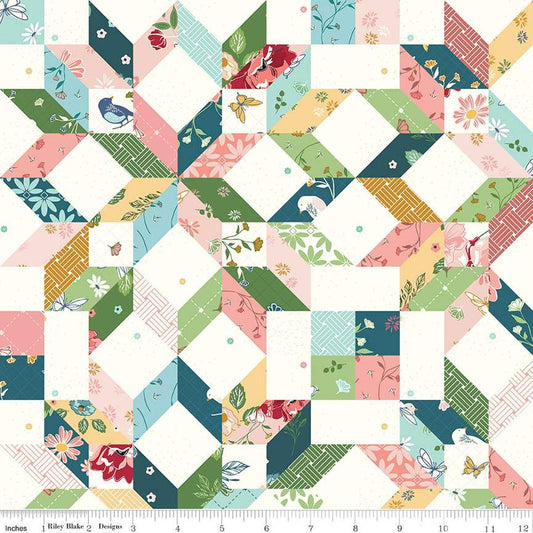 Image of the Melody Carpenter Star Cheater Print Multi quilting cotton fabric by Beverly McCullough for Riley Blake Designs. Features a carpenter star quilt design with blue, green, pink, yellow, and white. 
Cute Little Fabric Shop