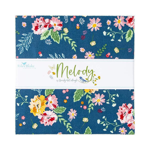 Image of the Melody 10 inch stacker by Beverly McCullough for Riley Blake Designs. Features blue, pink, green, yellow, and cream floral fabrics. 
Cute Little Fabric Shop