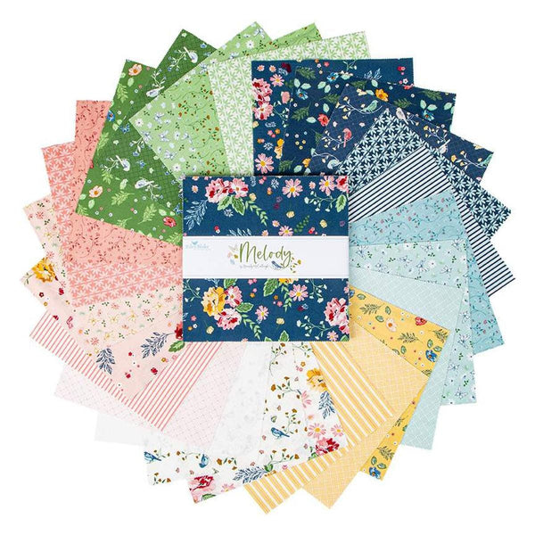 Image of the Melody 10 inch stacker by Beverly McCullough for Riley Blake Designs. Features blue, pink, green, yellow, and cream floral fabrics. 
Cute Little Fabric Shop