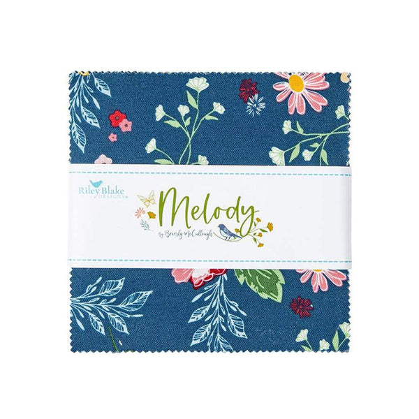 Image of the Melody 5 inch stacker by Beverly McCullough for Riley Blake Designs. Features blue, pink, green, yellow, and cream floral fabrics. 
Cute Little Fabric Shop