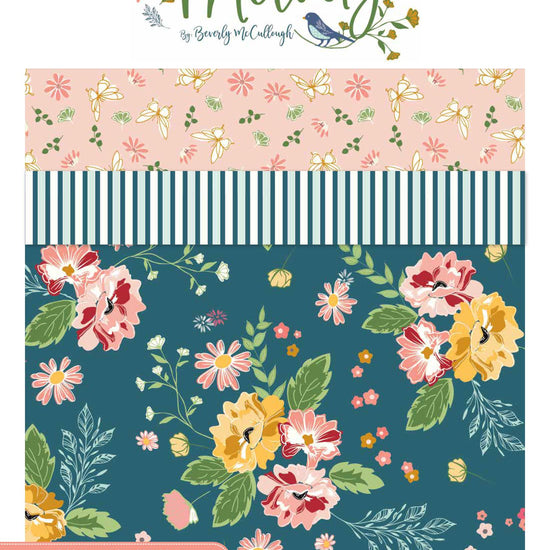 Image of the Melody Storyboard by Beverly McCullough for Riley Blake Designs. Features blue, pink, green, yellow, and cream floral fabrics. 
Cute Little Fabric Shop