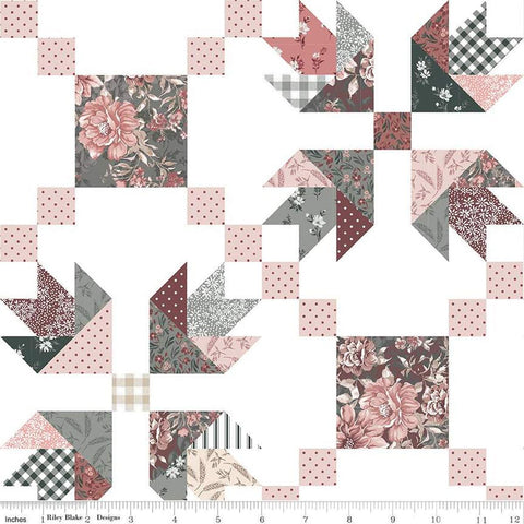 Image of the A Walk on the Prairie Prairie Chain Cheater White quilting cotton fabric by Modern Prairie for Riley Blake Designs. Features a tulip block designs with pink, grey, and cream fabrics. 
Cute Little Fabric Shop