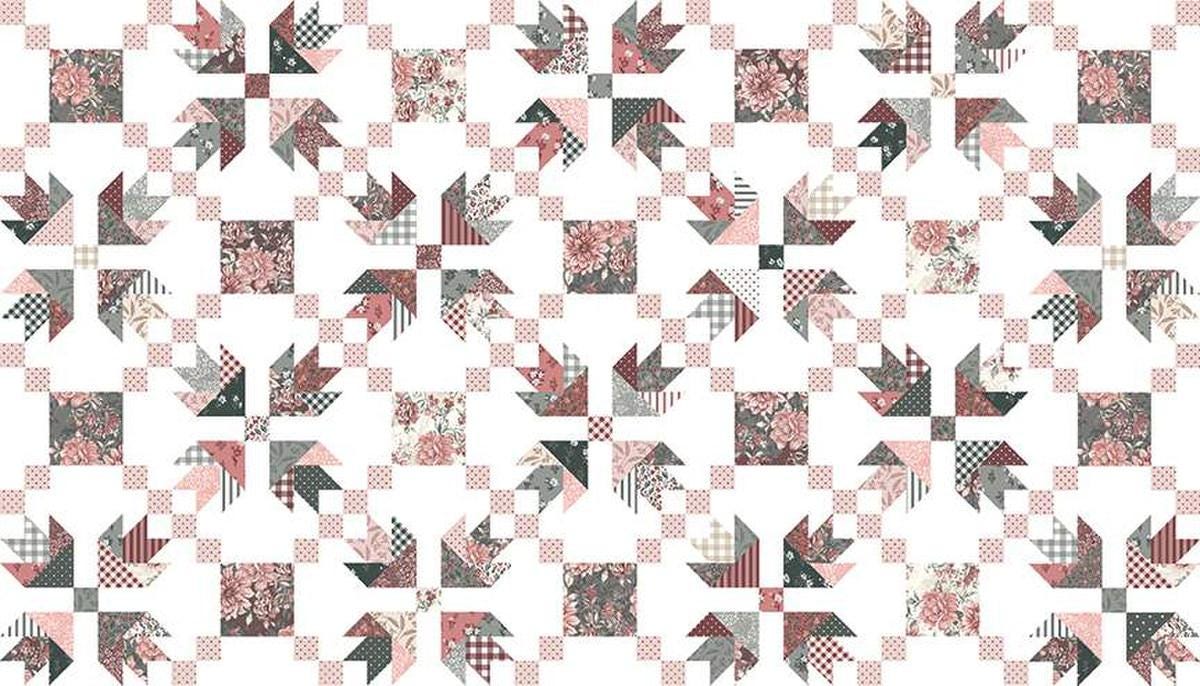 Image of the A Walk on the Prairie Prairie Chain Cheater White quilting cotton fabric by Modern Prairie for Riley Blake Designs. Features a tulip block designs with pink, grey, and cream fabrics. 
Cute Little Fabric Shop