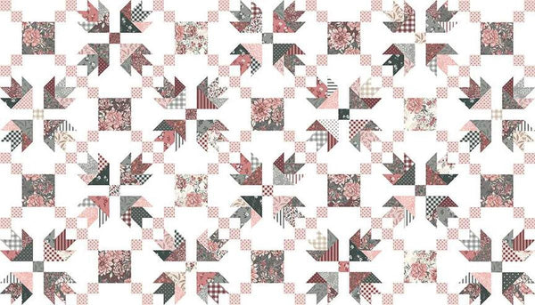 Image of the A Walk on the Prairie Prairie Chain Cheater White quilting cotton fabric by Modern Prairie for Riley Blake Designs. Features a tulip block designs with pink, grey, and cream fabrics. 
Cute Little Fabric Shop