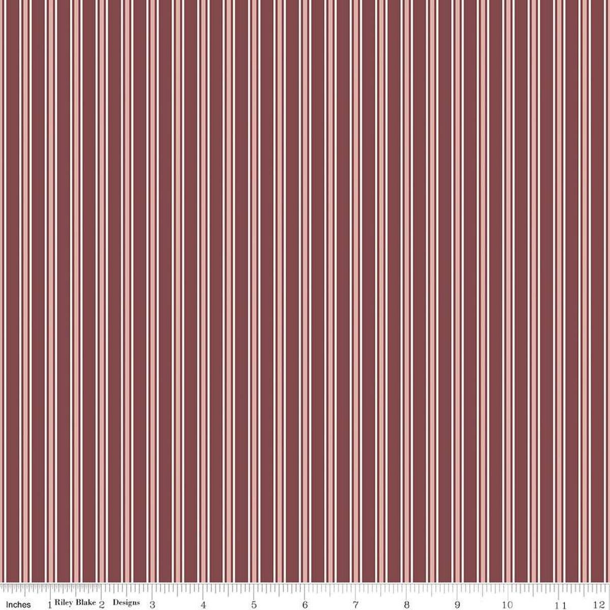 Image of the A Walk on the Prairie Stripes Marsala quilting cotton fabric by Modern Prairie for Riley Blake Designs. Features a multicolored red/dark maroon stripe pattern on a dark burgundy background.
Cute Little Fabric Shop