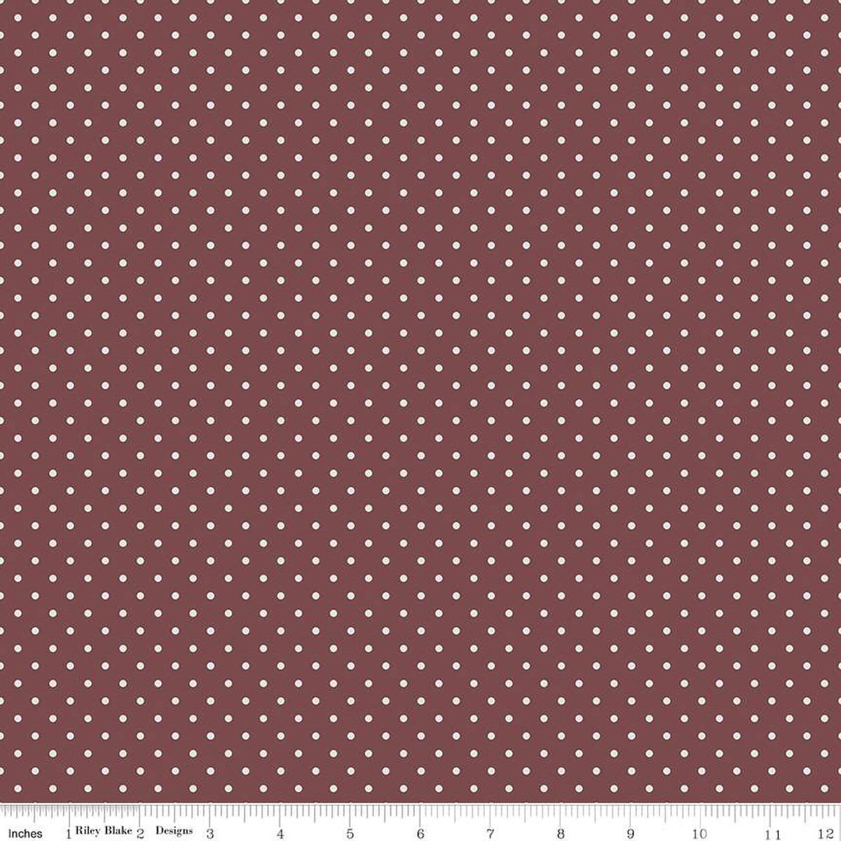 Image of the A Walk on the Prairie Dots Marsala quilting cotton fabric by Modern Prairie for Riley Blake Designs. Features white dots on a dark maroon pattern.
Cute Little Fabric Shop