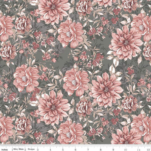 Image of the A Walk on the Prairie Main Sage Gray quilting cotton fabric by Modern Prairie for Riley Blake Designs. Features large clusters of flowers on a dark gray green background.
Cute Little Fabric Shop