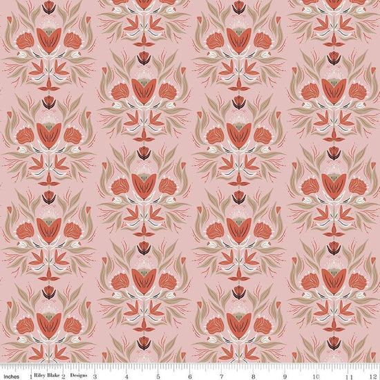 Image of the Garden Dreams Floral Damask Dusty Pink quilting cotton fabric by Amber Elliot for Riley Blake Designs. Features damask flowers on a muted pink background. 
Cute Little Fabric Shop