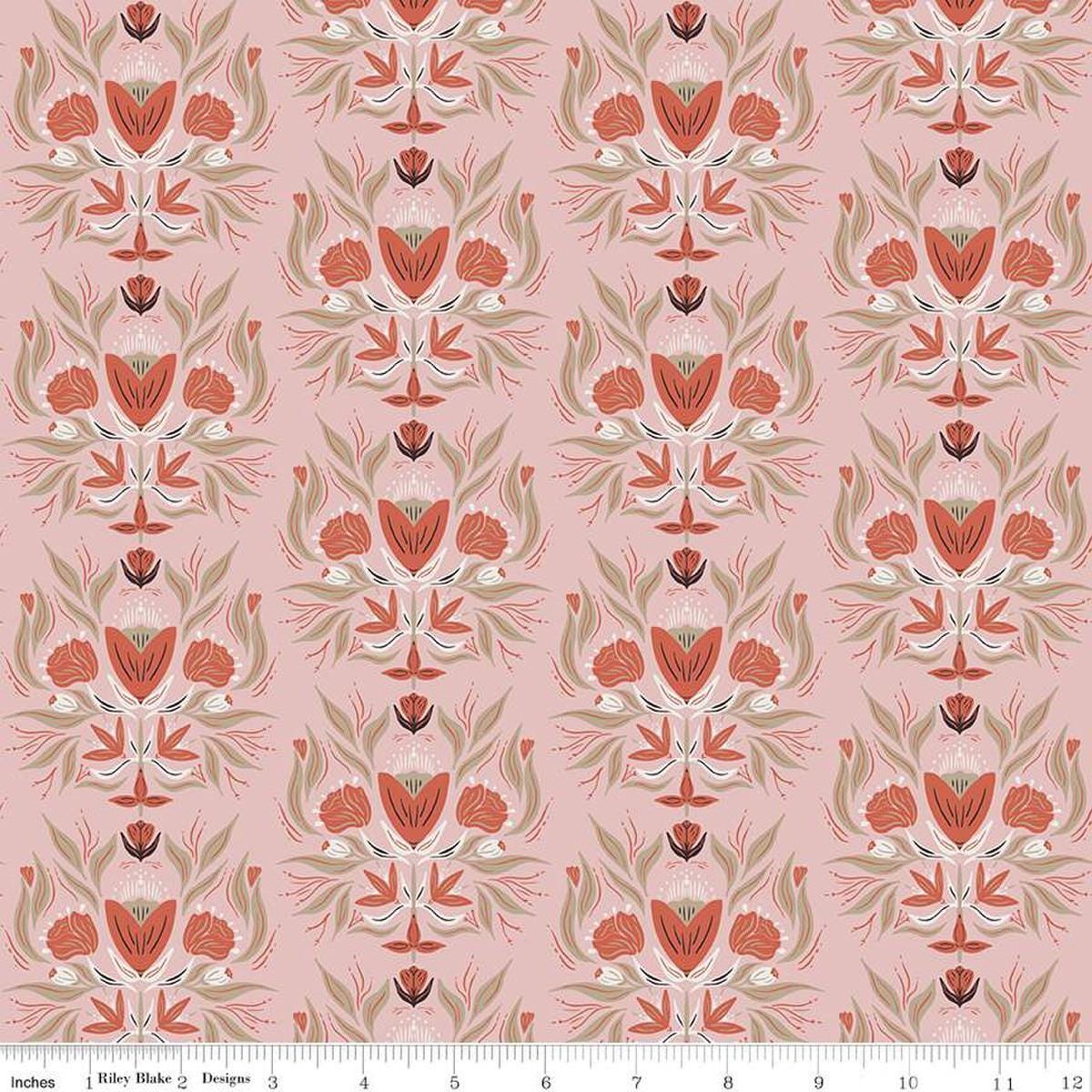 Image of the Garden Dreams Floral Damask Dusty Pink quilting cotton fabric by Amber Elliot for Riley Blake Designs. Features damask flowers on a muted pink background. 
Cute Little Fabric Shop