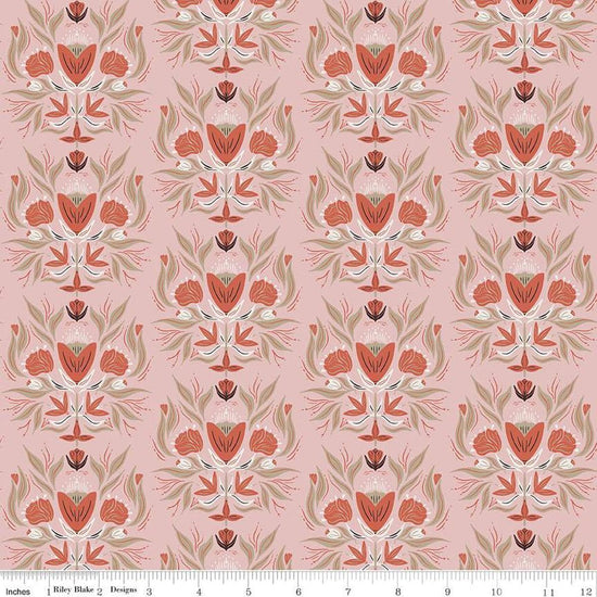 Image of the Garden Dreams Floral Damask Dusty Pink quilting cotton fabric by Amber Elliot for Riley Blake Designs. Features damask flowers on a muted pink background. 
Cute Little Fabric Shop