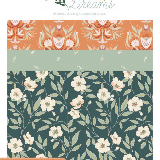 Image of the Garden Dreams storyboard by Amber Elliot for Riley Blake Designs. Features a green floral print with light green and orange. 
Cute Little Fabric Shop