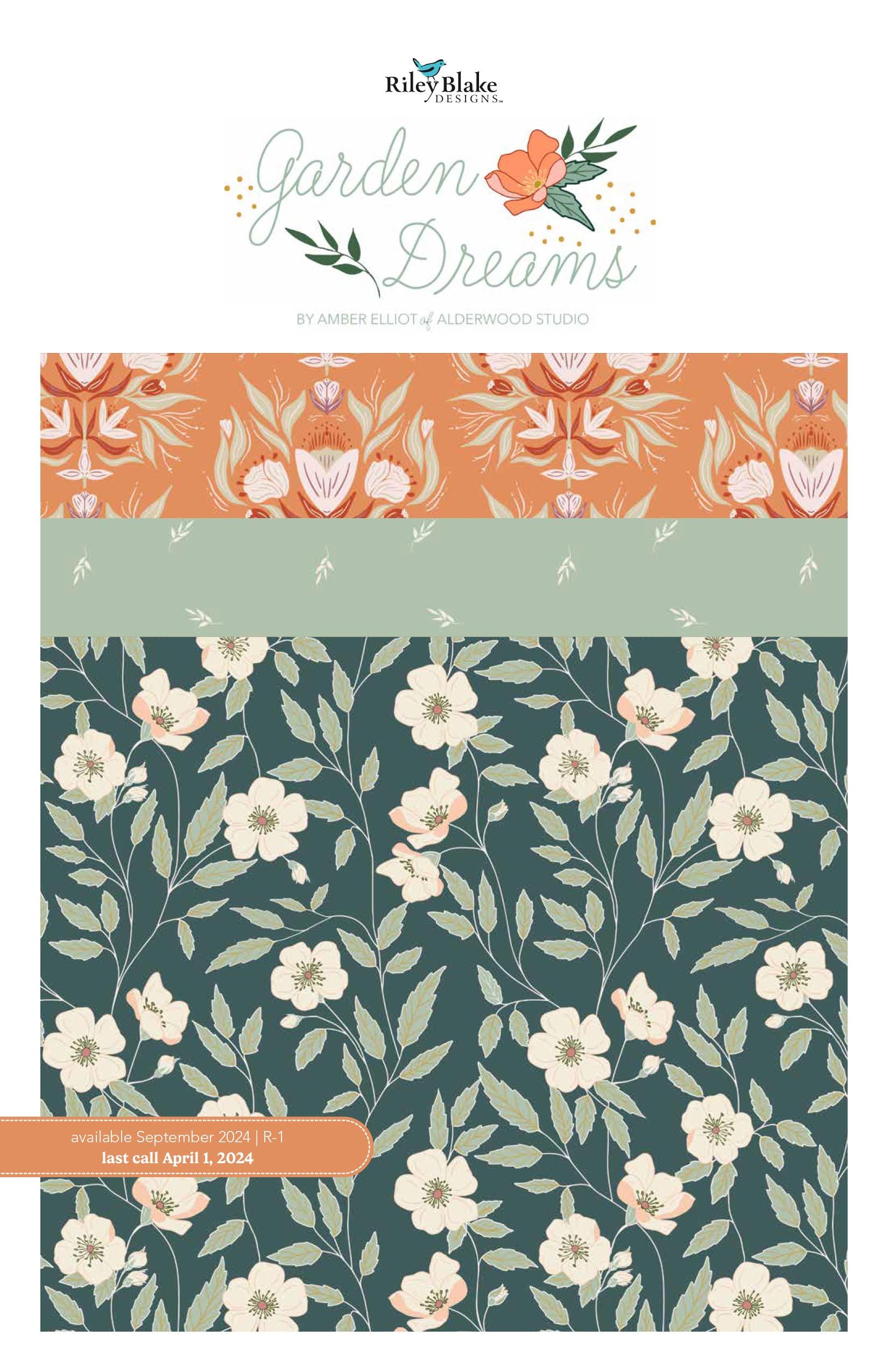 Image of the Garden Dreams storyboard by Amber Elliot for Riley Blake Designs. Features a green floral print with light green and orange. 
Cute Little Fabric Shop