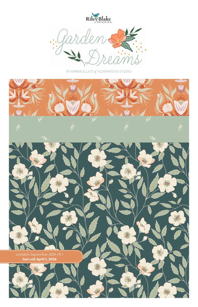 Image of the Garden Dreams storyboard by Amber Elliot for Riley Blake Designs. Features a green floral print with light green and orange. 
Cute Little Fabric Shop