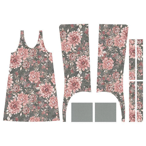 Image of the A Walk on the Prairie Prairie Pinafore Home Decor Panel Sage Gray by Modern Prairie for Riley Blake Designs. Features the pieces for an apron of pink flowers on a gray background. 
Cute Little Fabric Shop