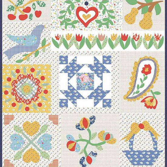 Image of the Sun Sweet Quilt Pattern by American Jane for Riley Blake Designs. Features a folk art sampler with appliqué and some pieced blocks. 
Cute Little Fabric Shop
