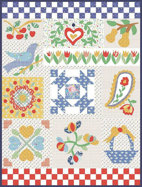 Image of the Sun Sweet Quilt Pattern by American Jane for Riley Blake Designs. Features a folk art sampler with appliqué and some pieced blocks. 
Cute Little Fabric Shop